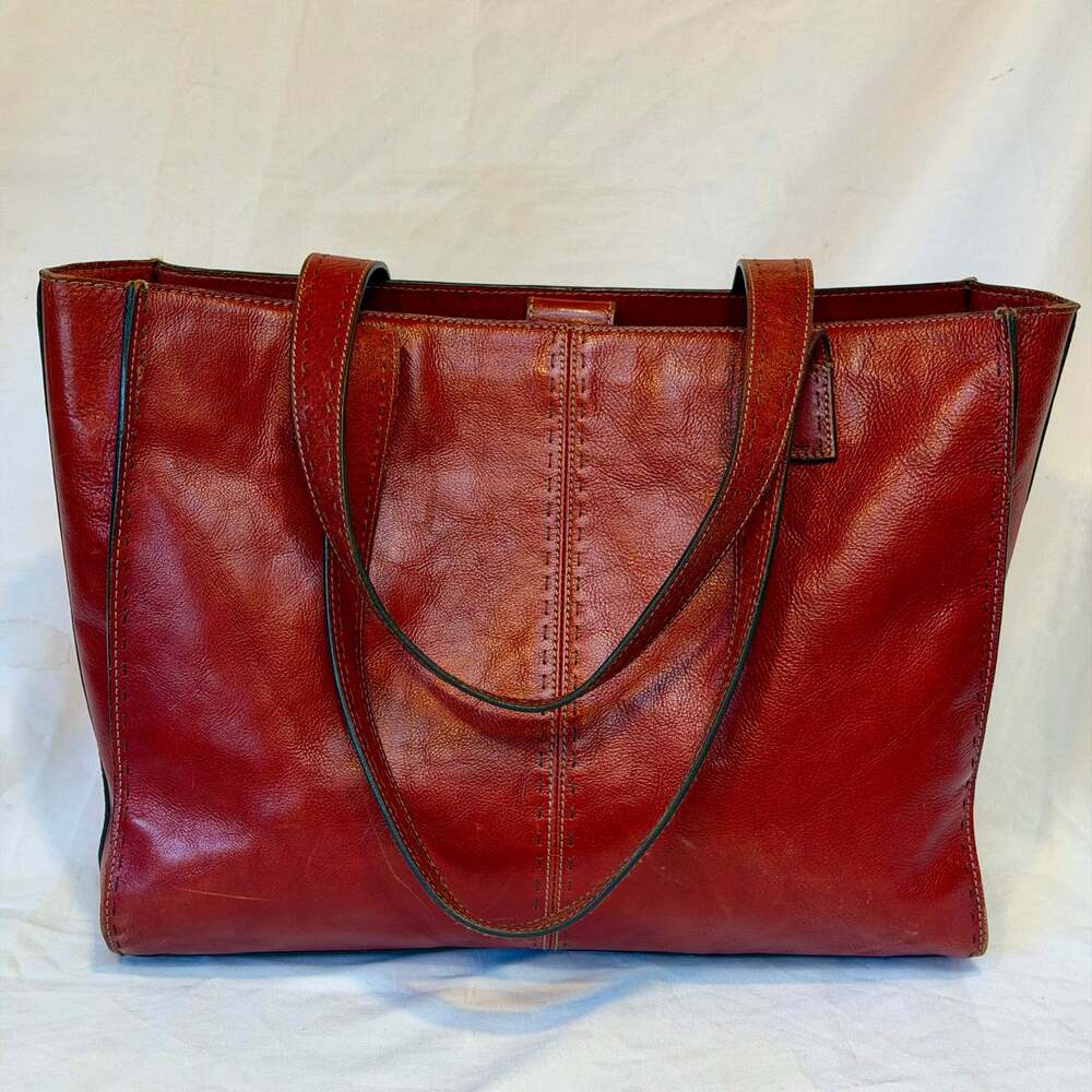 Vintage Fossil Red Leather Shoulder Tote Bag Center Seam Stitching Work Bag